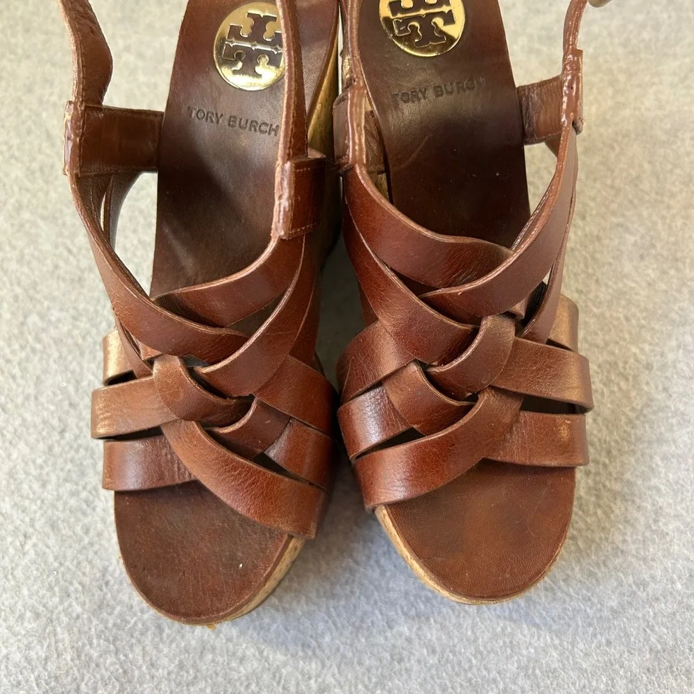 Tory Burch Ace Wedge Heels Brown Sienna Leather Strappy Cork Sandals Size‎ 7 M
